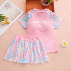 DFMEI 女童夏季新款時尚泳衣網紗迷彩拼色運動分體大童泳裝中童泳裝