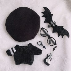 臺灣爆款 娃衣 配件 娃娃配飾 娃娃衣服 10cm娃衣拽酷神秘黑帥氣男友風翅膀眼鏡耳環棉花娃娃衣服可愛, 10cm帽+毛衣+翅膀+眼鏡+吉他（送耳, 1個