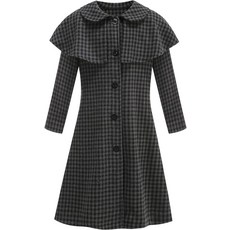 분리할 수 없는 케이프렛이 있는 포이에프 차콜 그레이 체크 코트 - 빅토리아 고딕 드레스업 여아용 코트4-14세