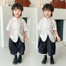兔巴叮童裝 兒童夏季國風套裝 純色唐裝上衣男童襯衣漢服新中式男孩錶演服夏款西裝套裝洋氣兩件套短袖西裝禮服開學畢業演出服
