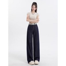 KOSARTE 네이비 아이스 데님 와이드팬츠 하이웨스트 일자핏 여성청바지