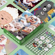 鐳射小卡 喜羊羊與灰太狼周邊三寸盒裝55張鐳射小卡LOMO照片卡膜卡冊禮物, 1個, 鐳射盒裝55張+卡膜50張,喜羊羊與灰太狼