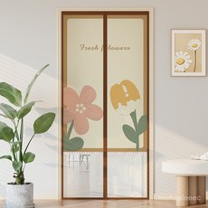 家用防蚊紗簾磁吸門簾卡通花朵下部網紗自粘自吸魔術貼免打孔門簾, 下網紗款 花兒朵朵開,寬90*高195cm(兩片式）