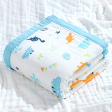 兒童蓋被 6層純棉紗布 寶寶包巾 推車蓋毯 幼兒園被子 抱毯 多功能 柔軟 寶寶浴巾 嬰兒被, 藍邊小恐龍
