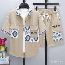 新款夏季男裝 印花短袖襯衫 短袖短褲套裝 潮流 ins 寬鬆 痞帥男裝 短袖短褲一套 撞色拚接 夏季套裝 休閒運動兩件套