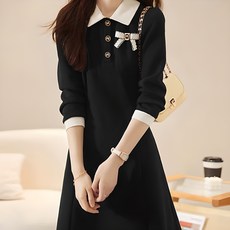 Paperments 撞色翻領襯衫式中長版半正式洋裝 04007, 黑色