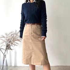 네모엔룩 맨하탄코튼 A라인 바이오워싱 포켓 뒤트임 빅사이즈 면스판 미디 스커트