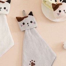 고양이 얼굴 디자인 귀여운 동물 캐릭터 핸드 타올 고리 부착 주방 욕실 손 닦는, 1개, 그레이