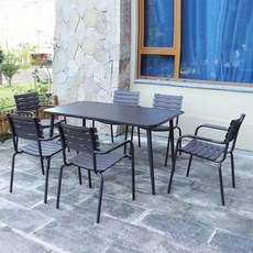 戶外桌椅別墅庭院陽臺桌椅休閒防水桌椅室外露天外擺塑木桌椅組閤 戶外桌椅 桌椅組閤 桌椅 庭院休閑桌椅 庭院靠背椅子 0R, 6把橫條椅+一張140CM塑木長桌