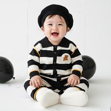 몽실이 스트라이프 카라 니트 우주복 유아용 외출복 돌선물 봄