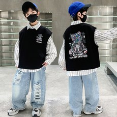 비비키드 초등생 상하의 초중생 상의 하의 조끼 3종 초등생 주니어 의류 세트 남아 NIGTH PAPYT 레터링 페인팅 긴팔 데님 긴바지 봄 가을 상의+하의+조끼 세트 (2501)