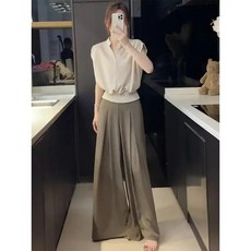 鹽系時尚休閒套裝 夏季無袖上衣闊腿褲兩件套女
