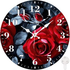 Identiy 원형 벽시계 무소음 배터리 작동 블루밍 해바라기 밭 30.5cm(12인치) 논틱 읽기 쉬운 디스플레이 원형 아날로그 벽시계 사무실 침실 거실 및 주방용 장식, 블루밍 레드 로즈 플라워