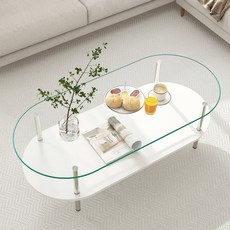 제이더블유퍼니처 수납형 거실 쇼파 테이블 2단 타원형 강화유리 거실테이블 1000/1200mm, 투명+화이트1200