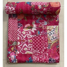 전통적인 핸드블록 프린트 멀티 플로럴 모듬 면 패치워크 칸타 퀼트 홈 장식용 핸드메이드 패치 킹 사이즈 보헤미안 침구 던지기 담요 빈티지 (핑크 60X90인치), 분홍색, 60X90인치