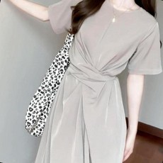 허리끈 롱원피스 꼬임스트랩 라운드넥 포켓 루즈핏 반팔 캐주얼웨어