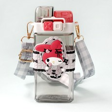 산리오 트라이탄 더블캡 직수 빨대 물통 마이멜로디 시나모롤 쿠로미 어린이 스트랩 물병, 1개