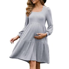 GINKANA 임산부 스웨터 드레스 긴소매 스퀘어 넥 베이비돌 드레스 짧은 우아한 겨울 드레스 직장 사무실 드레스 연회색. L