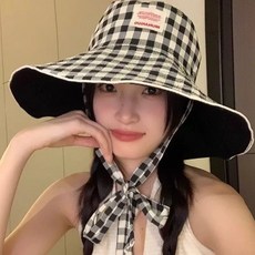 투니스 여성 체크 버킷햇 양면 착용 가능, 블랙