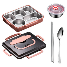 힙앤바디 원터치 식판 도시락 + 국그릇 + 스텐 수저세트, 핑크, 1세트