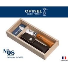 Opinel法國高碳鋼Carbone折刀No08皮套組木盒裝 法國製造, 1個, 棕色