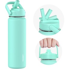 TOURIT 24온스 단열 물병 빨대가 달린 스테인리스 차가운 음료와 뜨거운 음료를 위한 이중 벽 진공 금속 누수 방지 스포츠 및 여행용 BPA 무료 물 플라스크 민트 그린, Mint Green, 24 Ounces