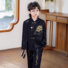 兔巴叮童裝 男童新中式漢服套裝 秋季新款兒童唐裝刺繡帥氣主持人演出服西裝套裝 洋氣兩件套短袖西裝禮服開學畢業演出服