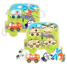 문센교실 원목장난감 자동차모양 끈달린 퍼즐맞추기/ 자동차퍼즐 어휘발달 교구용 3세, 4피스, 1개