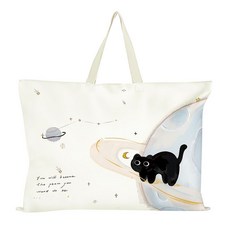 太空小貓幼兒園被子收納袋 大容量耐磨防潮 結實耐用輕便包袋, 1個, 星球小黑貓【米帶】,小號防水款:【47*40cm】送姓名牌