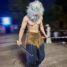 萬聖節服裝 鬼滅之刃嘴平伊之助cos服男士演出動漫cosplay豬頭套 萬聖節服裝