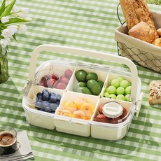 戶外手提野餐籃 家用分格蔬菜水果收納盒 帶蓋密封冰箱保鮮盒, 1個, 矮款6分格