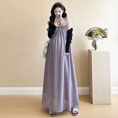 봄 가을 임산부 원피스 세트 캐주얼 패션 임부복 루즈핏 임부 투피스 세트 기질 자외선 차단 가디건 + 쉬폰 나시 롱 원피스 투세트 WXY