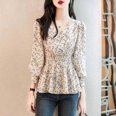 AOKADA 여성 브이넥 잔플라워 퍼프 긴팔 셔츠 블라우스 오피스룩 하객룩