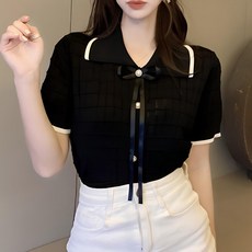 아이엠몽 여성 리본 타이 배색 카라 반팔 티셔츠