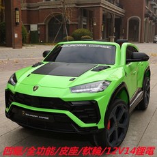 蘭寶基尼兒童電動汽車 雙人四輪四驅遙控大越野車, 蘋果綠四驅+皮座 +多功能 +鋰電+軟輪, 1個