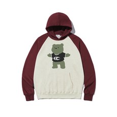 [이스케이프프롬] 그린 티셔츠 곰돌이 프린트 래글런 배색 후드티 오트밀