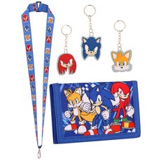 [ 947105 ] 소닉 더 헤지혹 남아용 지갑 - 3피스 키체인 세트 및 랜야드 지퍼 동전 홀더와 꼬리와 너클이 특징인 카드 슬롯이 있는 캔버스 지갑 블루 모던, [ 947105 ] 소닉 더 헤지혹 남아용 지갑 - 3