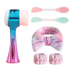 수동 페이셜 클렌징 브러시 투인원 스킨 케어 페이스 헤드밴드 손목 밴드 세트 마스크 2개 6개 그라데이션 퍼플 236820, Green+colorful Pink