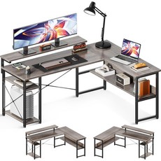 AODK 모니터 받침대 포함 수납형 ㄱ자 코너 책상, F08, 그레이