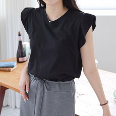 봉봉스토리 여성용 챠이 어깨 프릴 티셔츠 면 데일리 날개소매 반팔 상의