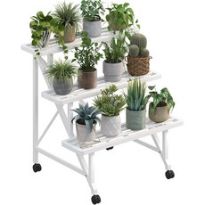 서치잇 유한회사 꽃 선반 거치대 바닥형 이동식 베란다 선반 야외용 다단 철제 다육이 선반, 3단, 화이트