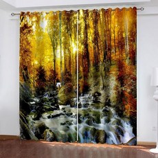 Lirzxin 열 차단 커튼 아이렛 열 절연 커튼 드레이프 가을 숲과 시내 풍경 창문 커튼 방암막용 오렌지 노랑 갈색 92 x 96 인치 2