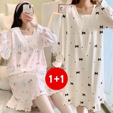 마쿠쿠 1+1 세트 나염 레이스 포인트 긴팔 여성 파자마 잠옷 원피스 홈웨어