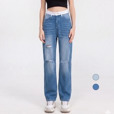 엘블로썸 여성용 통큰 하이웨스트 화이트배색 청바지 (3단기장 키별) 찢청