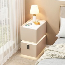 침대협탁 무선충전 사이드테이블 원목 소형 비번잠금 LED 협탁 서랍장 2단 사이드 테이블, 9. 슬레이트+램프+잠금(카키)