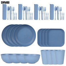 DFMEI 小麥秸稈餐盤湯碗水杯豎紋盤碗杯碟小蠻腰便攜戶外餐具套裝, 1個, (淺藍色)4人份 豎紋44件套, 參考詳情