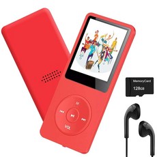 MP3 플레이어 128GB 블루투스 5.2 휴대용 HiFi 무손실 사운드 미니 음악 플레이어 음성 녹음기 E-Book 1.8인치 HD 스크린 내장 스피커 이어폰 포함, 레드