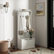 HOMCOM 3-in-1 신발 수납 트리 벤치가 있는 스탠딩 코트 랙 4개의 후크가 현관 정리함 크림 화이트, 28", Cream White