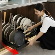 하이호프 주방이 넓어지는 간편설치 무타공 슬라이딩 후라이팬 정리대, 1개, 블랙, 7단