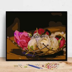 【TangZhen】유화그리기 유화그리기세트 디지털 유화 diy 남자 여자 아이 수제 창의 심플한 리넨 만화 색칠 방 거실 색칠 장식 그림, 장미꽃, 40*50cm 내장 2.5 두께(색천), 1개